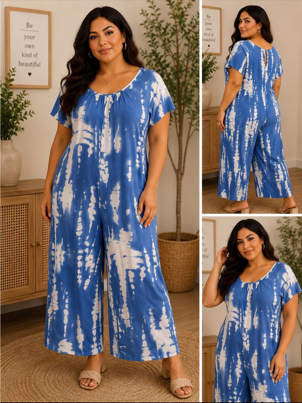 Blue Tie-Dye Short Sleeve Jumpsuit with pockets